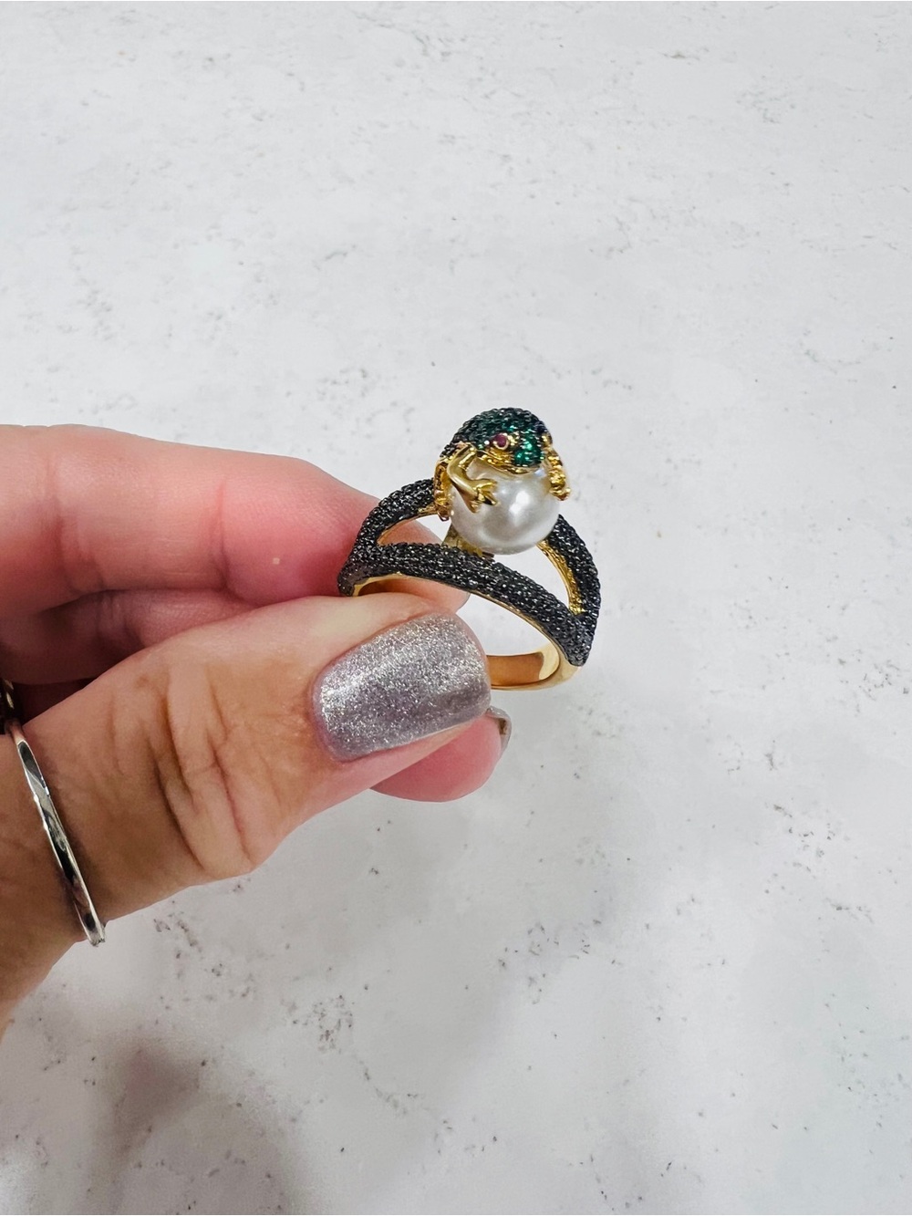 Gold Tone Frog Cocktail Ring Simulated White Pearl & Green/Blue Crystal Size 7